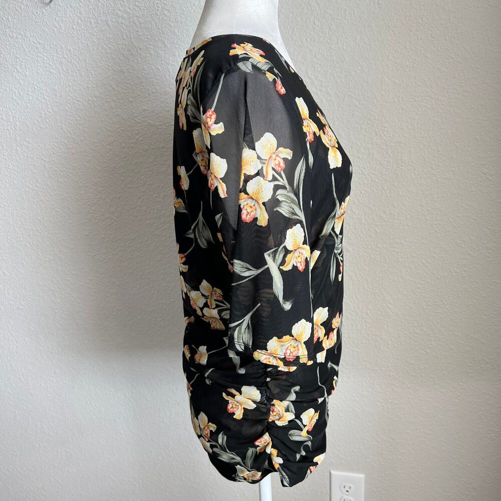 White House Black Market Black Floral Ruched Side Top Women's L Sheer Mesh Layer - Picture 6 of 8
